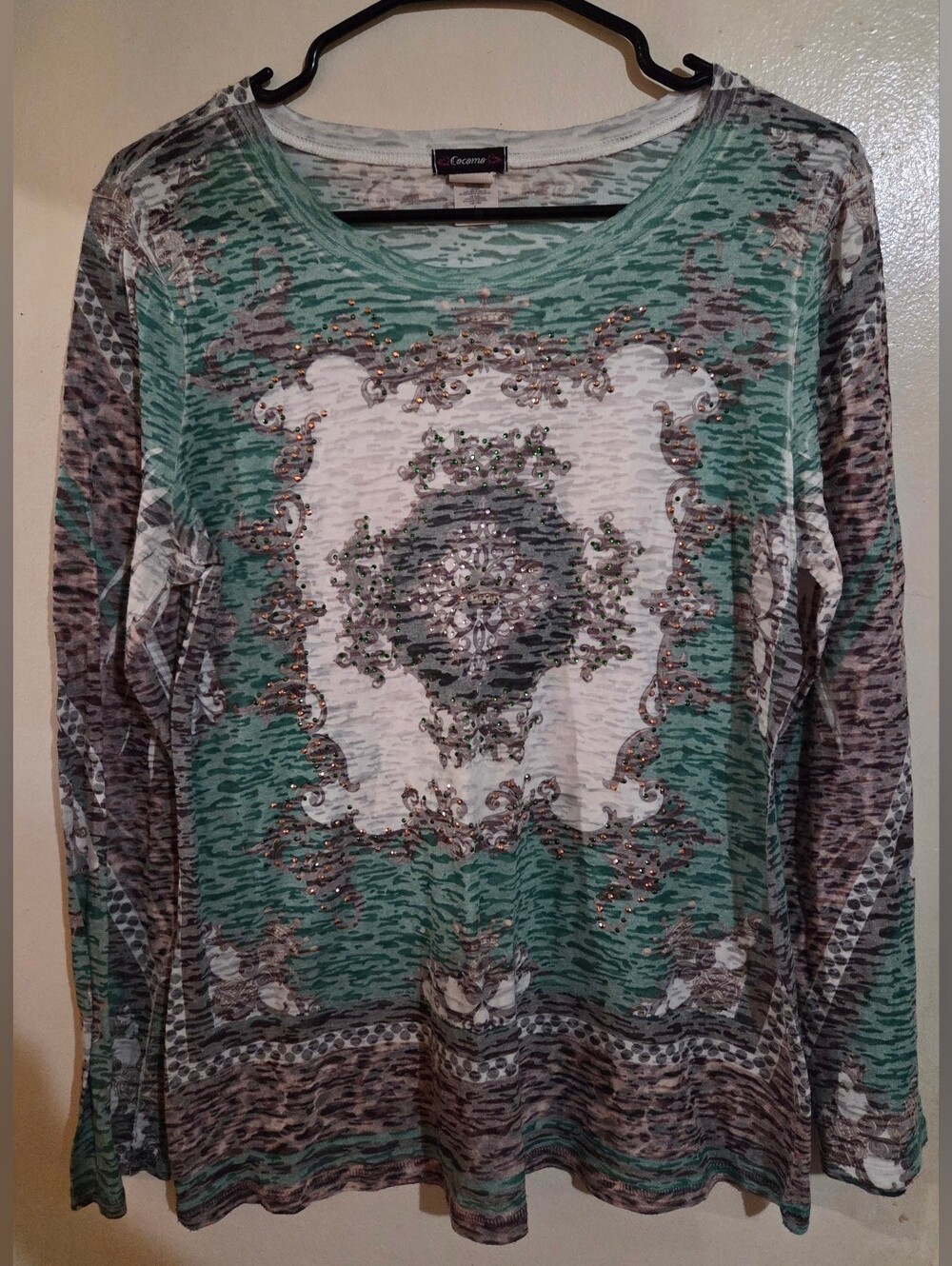 Cocomo Y2K Blingy Rhinestone Vintage Long Sleeve Shirt Size Large